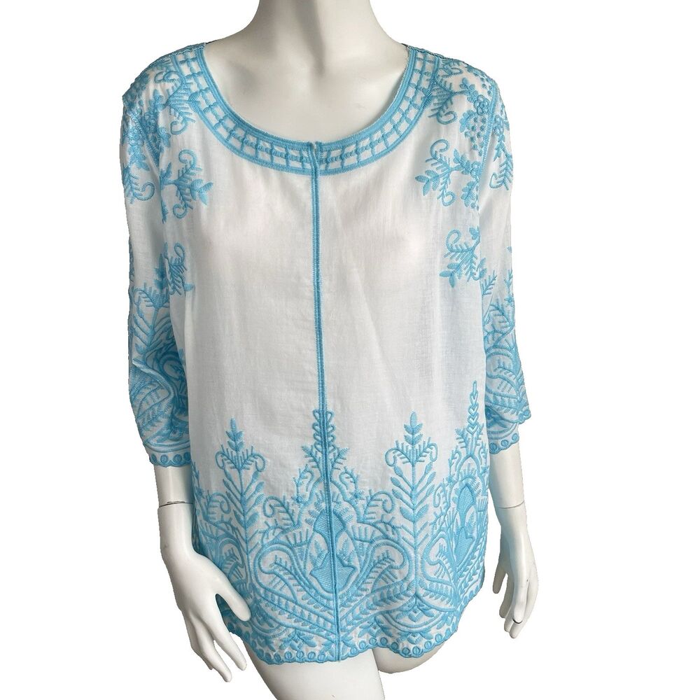 CHICO'S Embroidered Tunic Top Coverup 2/ M White Blue Resort Beach Summer